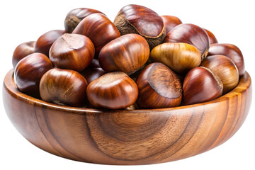 Obraz premium Wooden Bowl Filled with Fresh Chestnuts on White Background