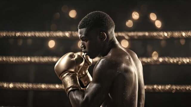 Powerful African American male boxer poised inside a professional boxing ring, wearing striking golden gloves, exuding intense focus and unwavering determination for the upcoming fight