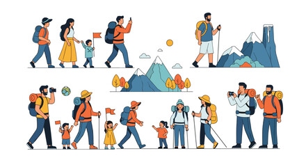 Naklejka premium Diverse groups of people and families with backpacks hiking through a mountain landscape with colorful autumn trees and peaks.