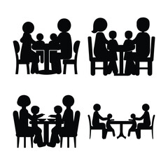 Families enjoying meals together: a set of stick figures depicting parents and children at a dining table