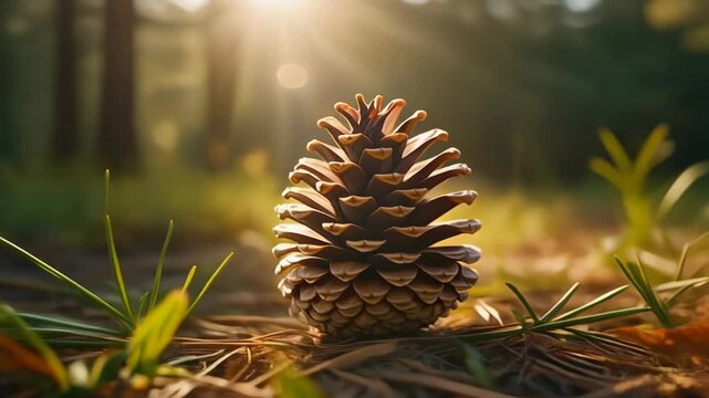 Pinecone resting on forest floor with sunlit blurred background