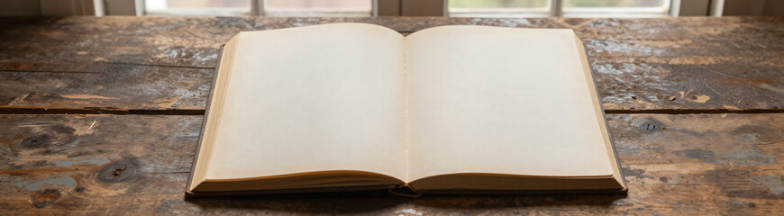 worn vintage photo album page centered weathered reclaimed wood surface illuminated soft warm natural light