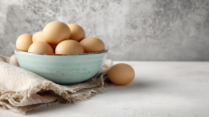 Fresh Brown and White Farm Eggs in a Ceramic Bowl on Bright Kitchen Counter, Natural Food Still Life with Soft Morning Light.