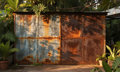 worn rusty metal wall serves weathered backdrop serene outdoor terrace adorned lush greenery warm golden light
