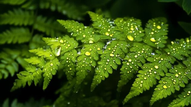 Close up of vibrant green fern leaves with water droplets