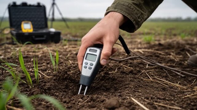 Science meteorology analysis concept. Soil testing with a digital meter in a field setting.