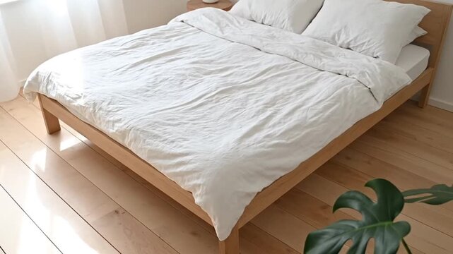 A minimalist bedroom features a light wood bed frame with rumpled white linen bedding on blonde wooden floors illuminated by natural light from a nearby window