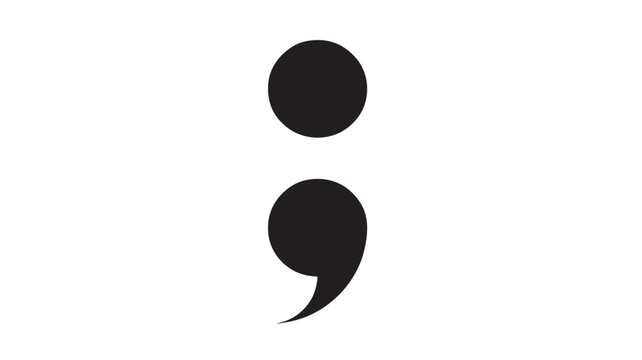 Bold black semicolon glyph on white background, minimalist vector punctuation icon for design, typography, and messaging projects