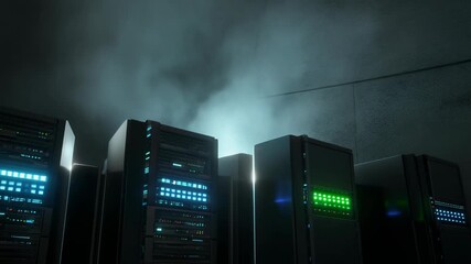 Powerful server racks illuminated by neon blue and green lights in a data center - Powered by Adobe