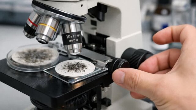 Science meteorology analysis concept. Microscope in use for scientific analysis and observation.