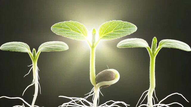 Three young plants sprouting with roots, illuminated against a dark background, symbolizing growth.