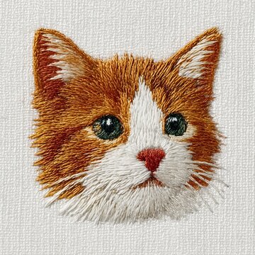 Cara de gato bordada con hilo sobre tela blanca, Bordado de gato rojo y blanco sobre textil, Dise&ntilde;o de marca de ropa infantil con bordados de animales
