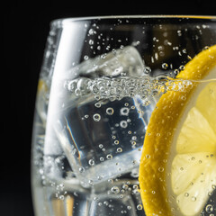 Macro close-up of sparkling gin and tonic in clear glass with ice cubes, lemon slice, condensation droplets, luminous bubbles, black background, side angle, shallow depth, photorealistic.