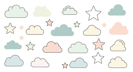 Collection of stylized clouds and stars in soft pastel colors like blue, pink, and cream on a white background.
