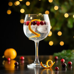 Premium cocktail photography of gin and tonic in balloon glass with ice, cranberries, orange twist, reflective black surface, warm golden bokeh, festive dramatic lighting.
