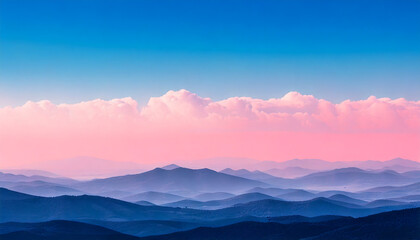 Fototapeta premium dreamy landscape with a gradient sky fading from deep blue to soft pink. Fluffy cloud and mountain