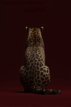 Leopardo sentado sobre fondo rojo oscuro, vista trasera, Espalda de leopardo con pelaje detallado y fondo burdeos, Imagen para campa&ntilde;a de moda animal print