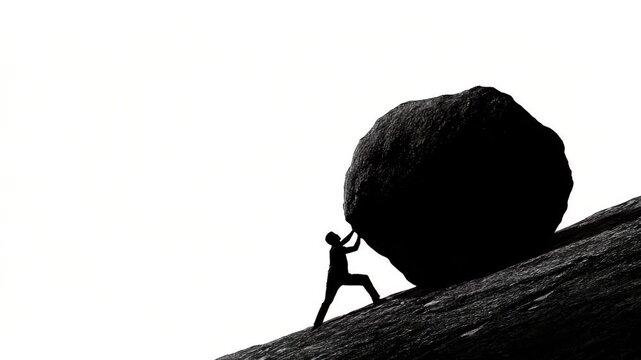 Silhouette of a person pushing a large boulder up a steep hill or mountain