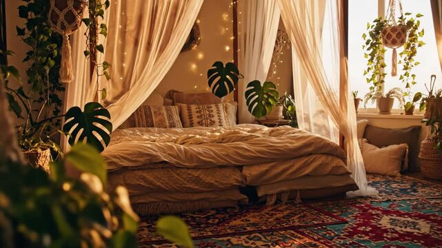 A serene bedroom features a draped canopy bed with patterned pillows surrounded by an abundance of green plants and twinkling string lights illuminated by warm sunlight