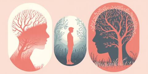 Ethereal digital artwork of three linked oval panels, coral pink and dark blue-gray silhouettes with delicate trees, meditative figure, soft gradients, dreamy composition, artistic line detail.