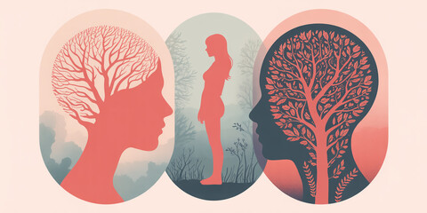 Ethereal digital artwork of three linked oval panels, coral pink and dark blue-gray silhouettes with delicate trees, meditative figure, soft gradients, dreamy composition, artistic line detail.