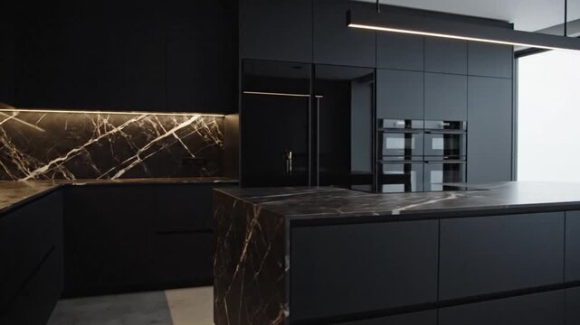 A sleek dark kitchen features marble countertops and backsplash integrated ovens and minimalist lighting creating a luxurious modern interior