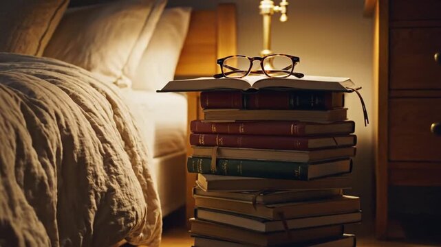 A stack of bound books with an open book and reading glasses on top rests on the floor next to a bed with soft bedding and pillows all bathed in warm gentle light