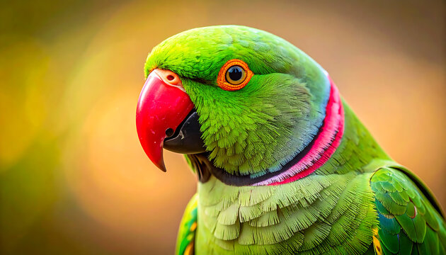 close-up portrait of a vibrant green Alexandrine parakeet. The parrot has - Powered by Adobe