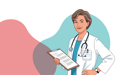 Fototapeta premium Confident female doctor wearing a white lab coat and stethoscope while holding a medical clipboard with patient records.