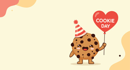 Fototapeta premium Cute cookie character celebrating with a heart shaped balloon and a festive party hat on a soft background for National Cookie Day.