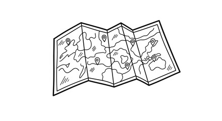 Black and white line drawing of a folded paper map featuring several location pins and terrain details for travel planning.