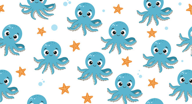 Seamless pattern with cute blue octopuses and orange starfish on a white underwater themed background, perfect for nursery decorations.