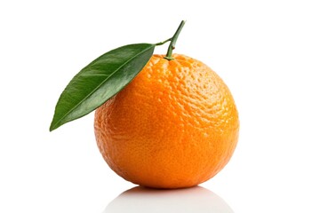 Single orange with leaf isolated on white background