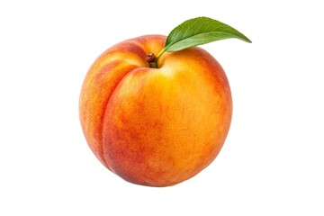 Single ripe peach with leaf isolated on white background