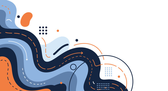 Dynamic abstract background featuring flowing waves in blue and orange with dashed lines and arrows representing a road or path.