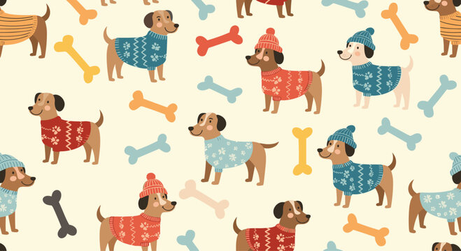 Seamless pattern of adorable dogs wearing various patterned winter sweaters and colorful bones on a beige background.
