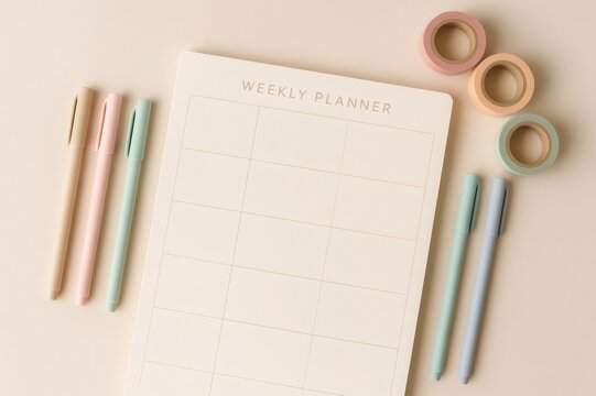 Flat lay of a cream weekly planner with colorful pastel pens and decorative washi tapes, supporting organization and productivity - Powered by Adobe
