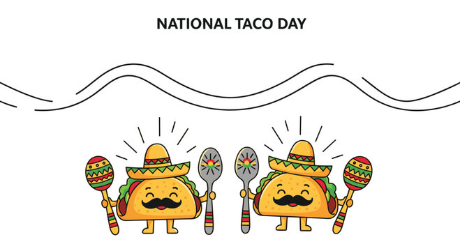 Two funny cartoon tacos wearing sombreros and playing maracas to celebrate National Taco Day on a white background.