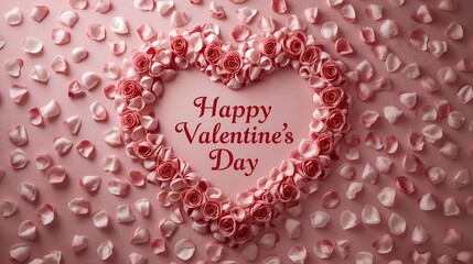 Rose petals forming a heart on gentle background with text area.