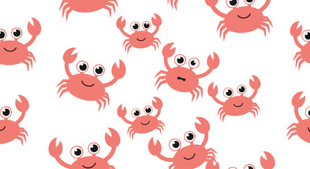 Fototapeta premium Cheerful seamless repeating background pattern featuring cute little pink cartoon crabs with large eyes and pincers.