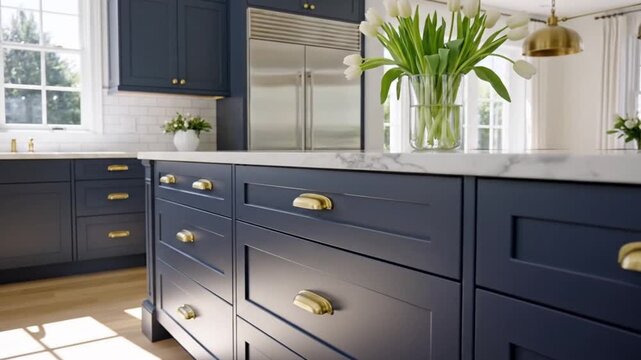 Bright kitchen featuring dark blue cabinets brass hardware white marble countertops a stainless steel refrigerator and white tulips