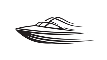Black silhouette speedboat with flowing wake lines, side view vector illustration showing motion on calm water with minimalist line art