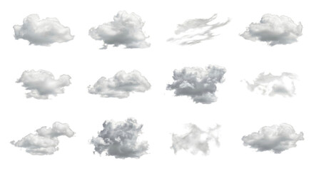 Collection of Diverse White Cumulus Clouds Isolated on White Background