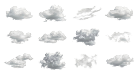 Collection of Diverse White Cumulus Clouds Isolated on White Background