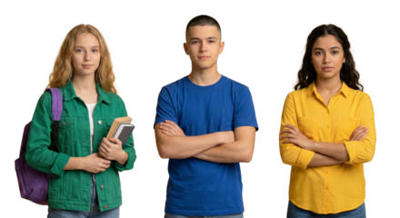 Diverse students standing together, ready for school or university, isolated on white