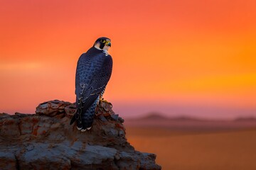 A majestic peregrine falcon surveys the vibrant desert landscape at a breathtaking sunset.