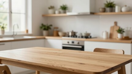 Modern kitchen with wooden table and fresh plants on the shelves Generative AI