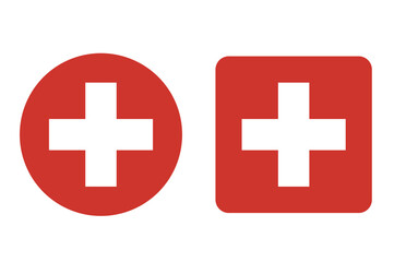 Swiss Cross Icon in Red Circle and Rounded Square for Medical and National Use. Vector illustration.