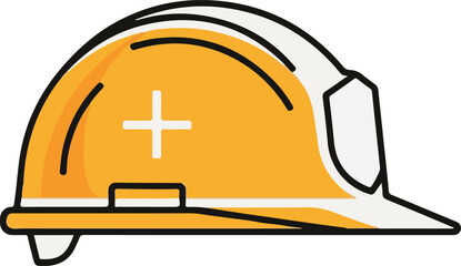 A side-view vector illustration of a yellow construction hard hat with a white cross on the side, representing site safety, labor protection, and industrial work standards.