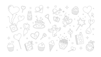 Obraz premium Love-themed Doodles: Playful drawings of hearts, cupid, and sweet treats fill the frame, exuding a sense of joy and affection. perfect for illustrating romantic messages.